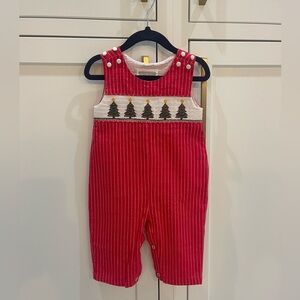 Lil Cactus Christmas Tree Red Tree striped Smocked Overalls Romper 6-12mo outfit